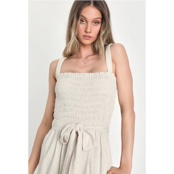 Lulus Beige Linen Blend Smocked Wide-Leg Jumpsuit Size XS Boho Euro Chic W Belt - Picture 3 of 11